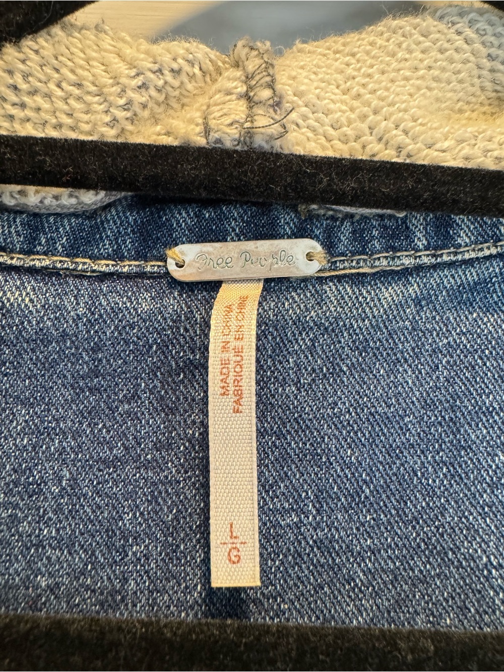 Free People Blue Denim Jacket with Gray Knit Hood & Sleeves - Picture 4 of 5